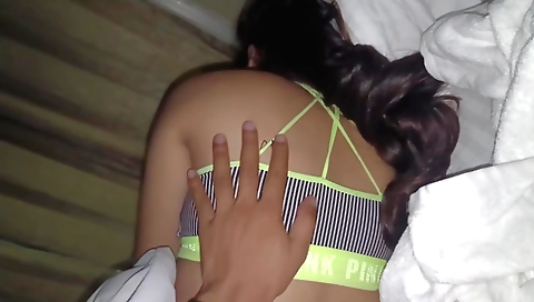 Busty amateur brunette with a hairy pussy in the room