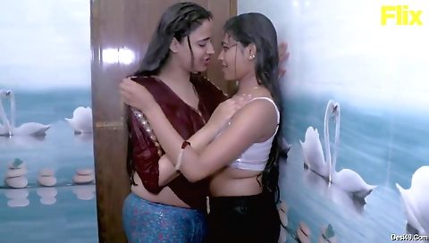 Lesbian teen with sexy tits and sexy shorts riding on her lover