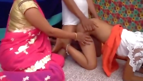 Busty brunette girl is fucked in threesome with her stepsister