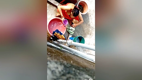 Busty brunette with a fat ass showering in the bath