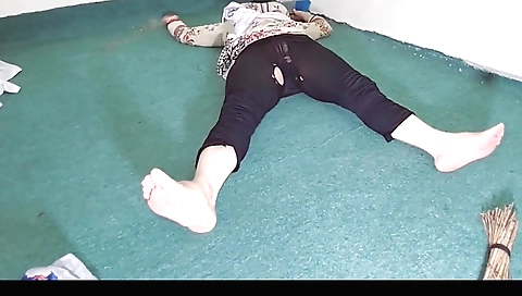 Indian maid in black pajamas cleaning in hd solo video