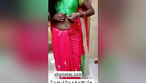 Desi Indian Tamil village dusky housewife showing boobs