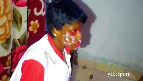 Busty brunette doctor fucks two clients at their places