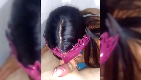 Brunette is tired and I give her my big cock in mouth